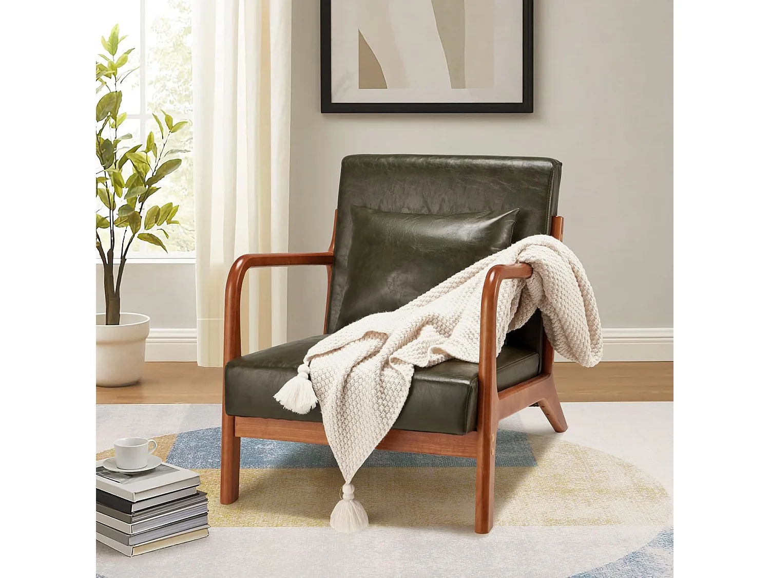 YODOLLA Loungesessel modern mit Kunstleder Bezug & Holzarmlehne, Akzent-/Cocktailsessel für Wohnzimmer, Grün, 75x70x65 cm (BxHxT)