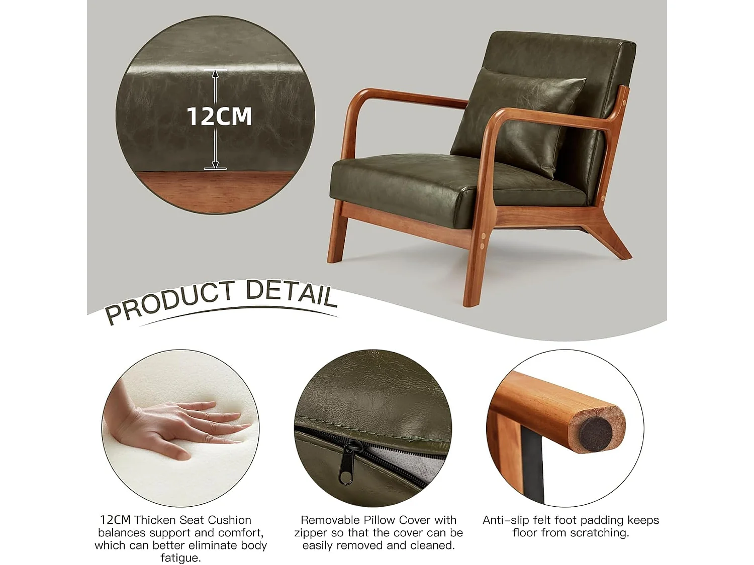 YODOLLA Loungesessel modern mit Kunstleder Bezug & Holzarmlehne, Akzent-/Cocktailsessel für Wohnzimmer, Grün, 75x70x65 cm (BxHxT)