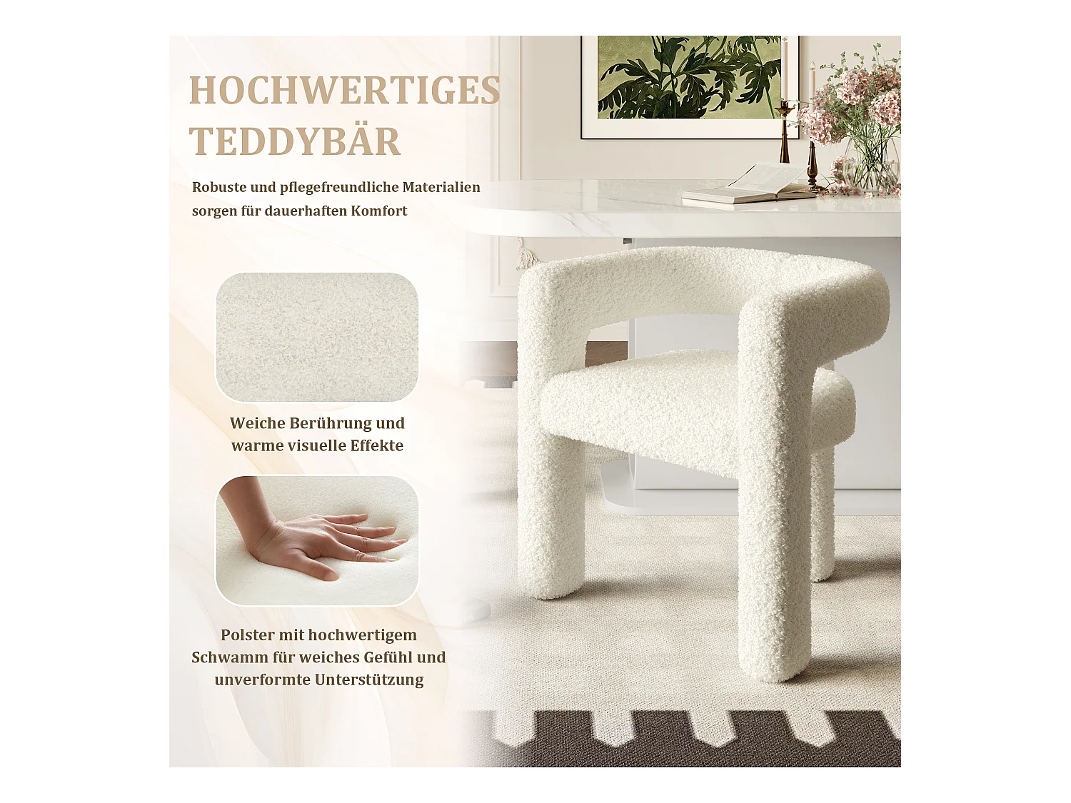 Fauteuil, tissu velours teddy, blanc