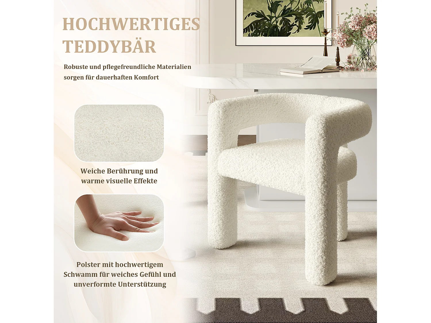 Fauteuil, tissu velours teddy, blanc