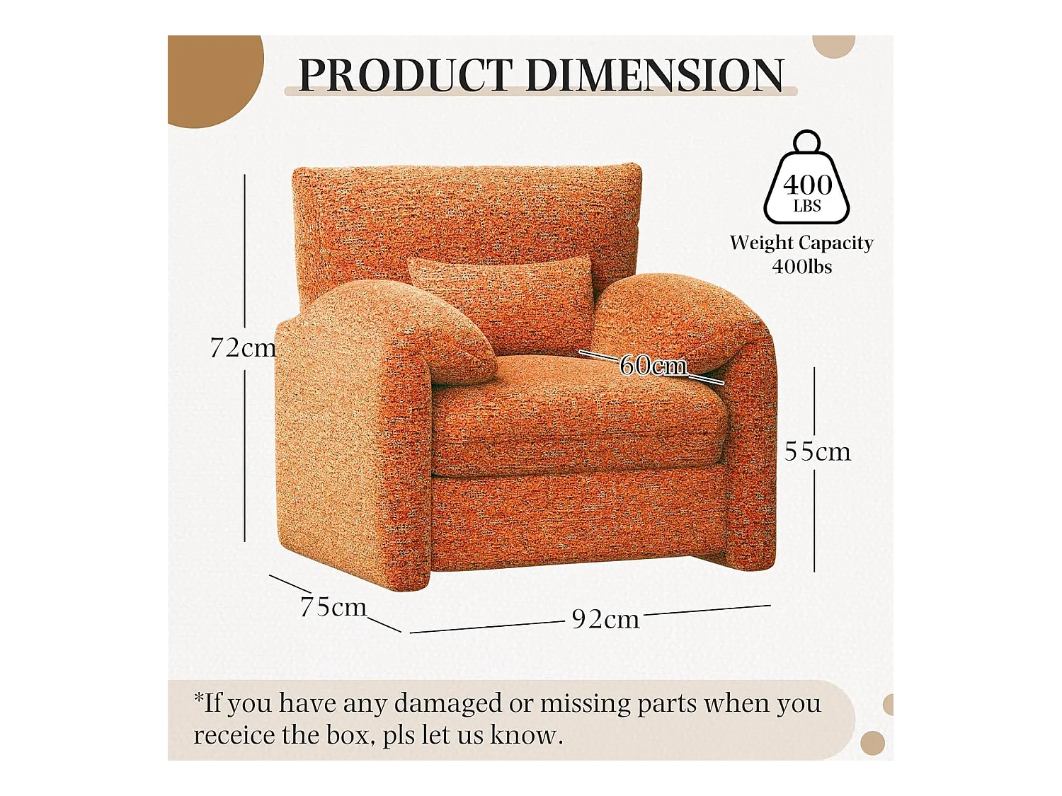 YODOLLA XXL Ohrensessel mit Armlehnen aus Chenille, moderner Relaxsessel für Wohnzimmer & Schlafzimmer, Orange