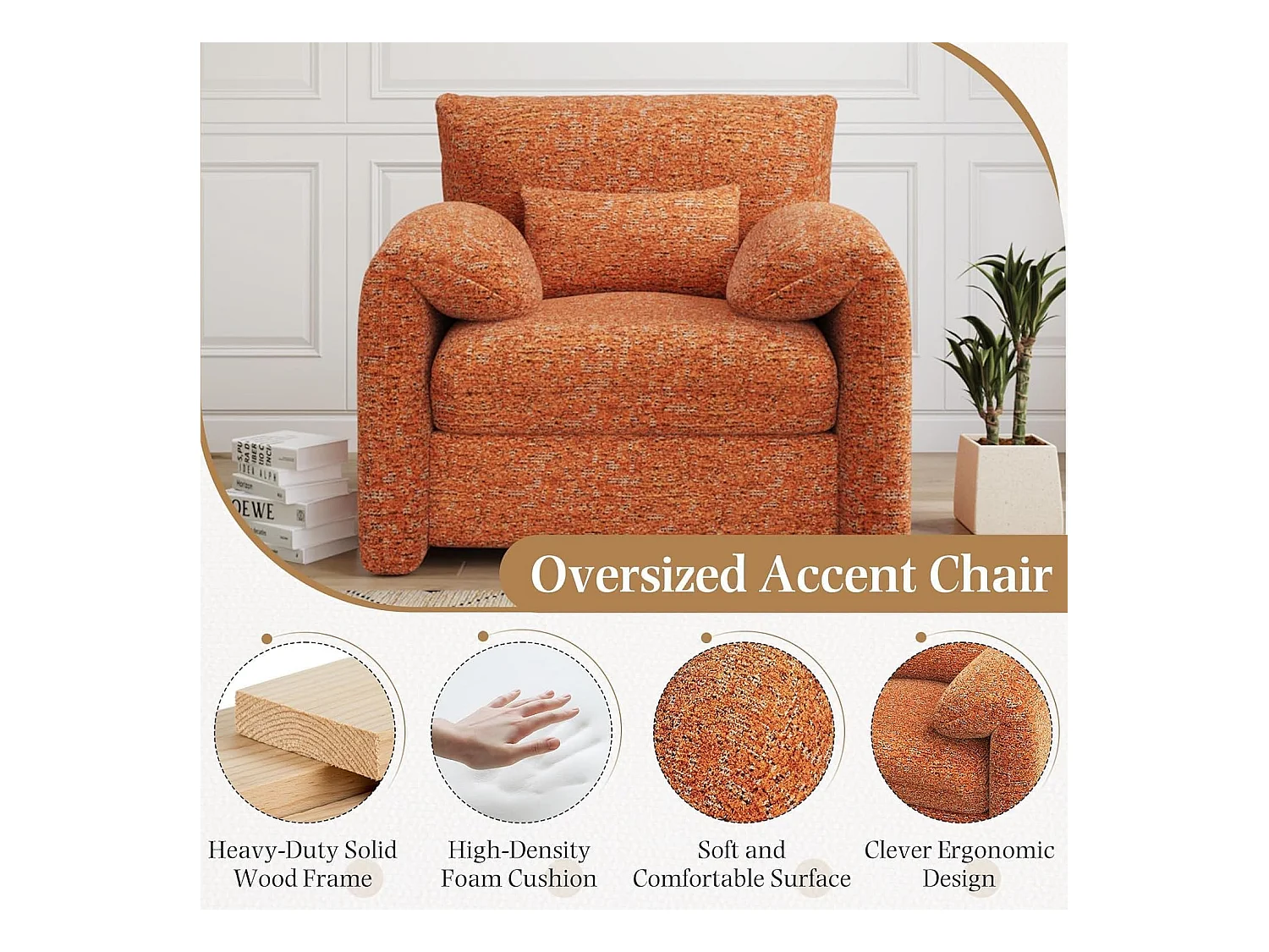 YODOLLA XXL Ohrensessel mit Armlehnen aus Chenille, moderner Relaxsessel für Wohnzimmer & Schlafzimmer, Orange