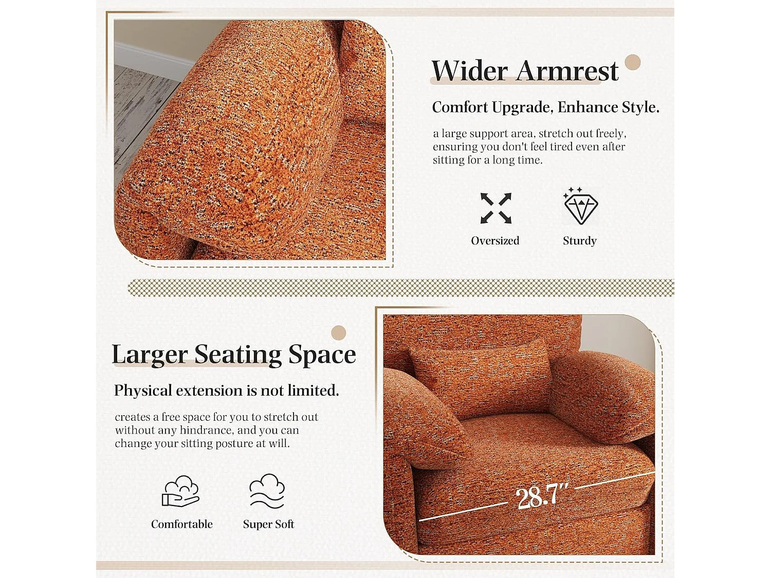 YODOLLA XXL Ohrensessel mit Armlehnen aus Chenille, moderner Relaxsessel für Wohnzimmer & Schlafzimmer, Orange