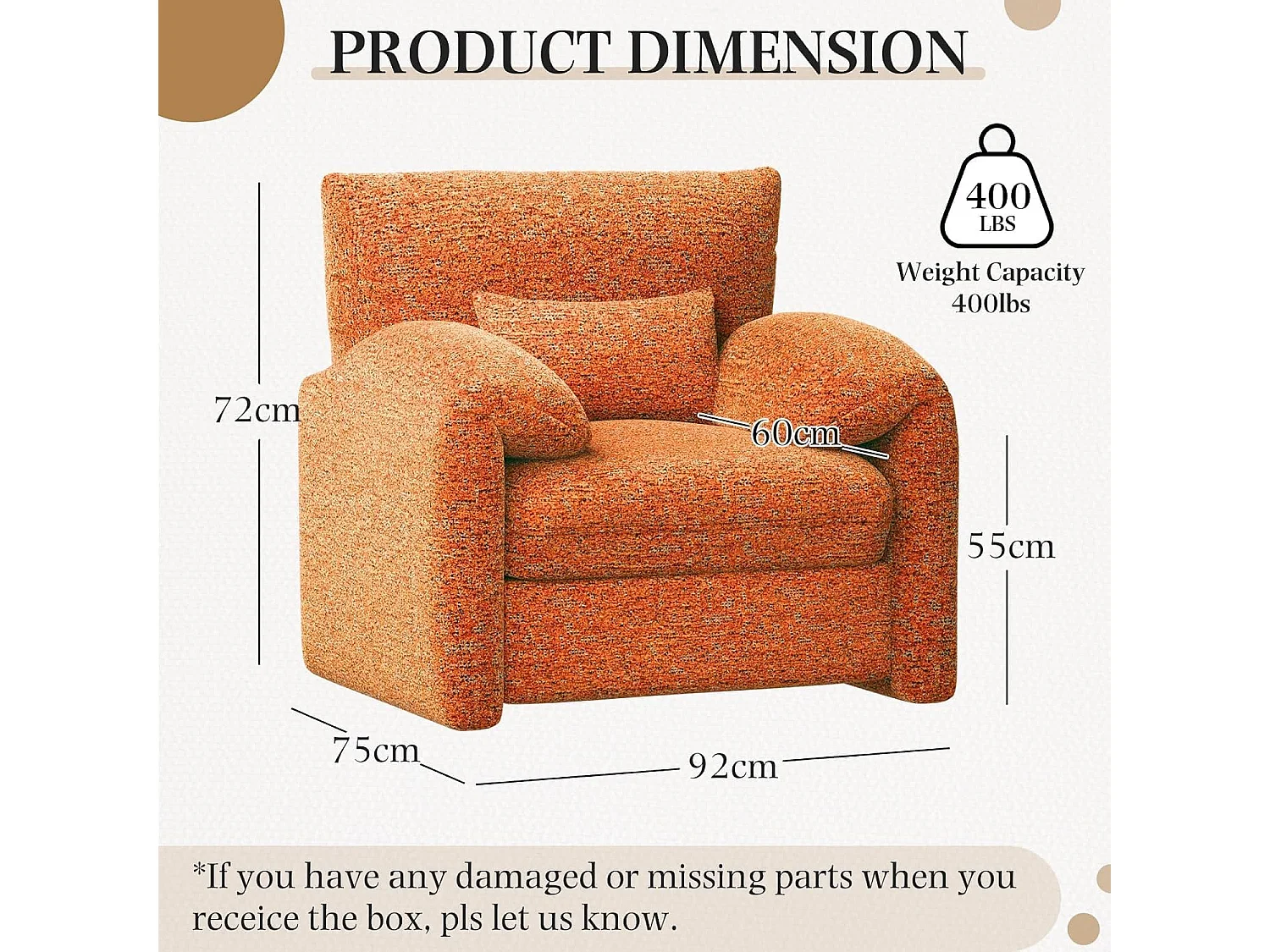 YODOLLA XXL Ohrensessel mit Armlehnen aus Chenille, moderner Relaxsessel für Wohnzimmer & Schlafzimmer, Orange