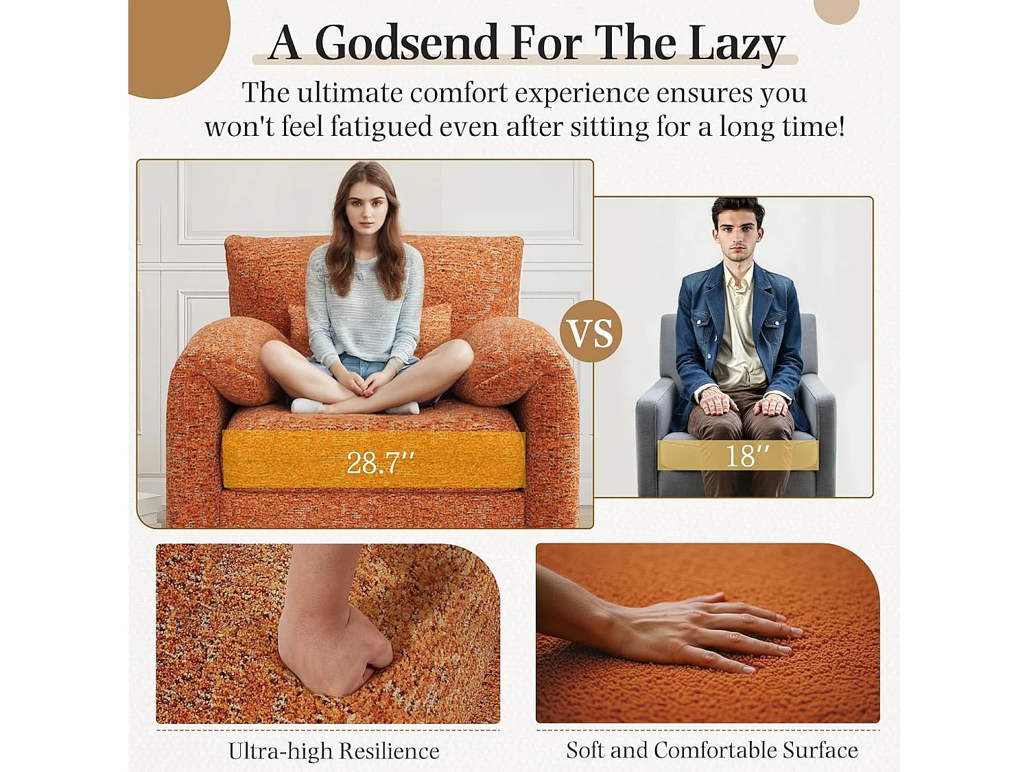 YODOLLA XXL Ohrensessel mit Armlehnen aus Chenille, moderner Relaxsessel für Wohnzimmer & Schlafzimmer, Orange