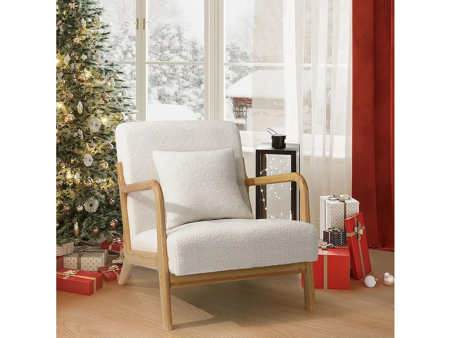 YODOLLA Loungesessel modern mit Teddy Bezug & Holzarmlehne, Akzent-/Cocktailsessel für Wohnzimmer, Beige, 75x70x65 cm (BxHxT)