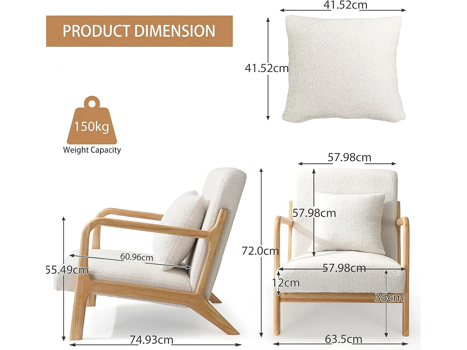 YODOLLA Loungesessel modern mit Teddy Bezug & Holzarmlehne, Akzent-/Cocktailsessel für Wohnzimmer, Beige, 75x70x65 cm (BxHxT)