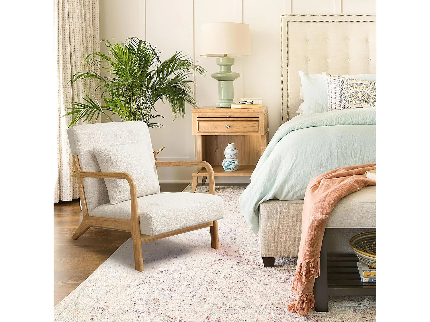 YODOLLA Loungesessel modern mit Teddy Bezug & Holzarmlehne, Akzent-/Cocktailsessel für Wohnzimmer, Beige, 75x70x65 cm (BxHxT)