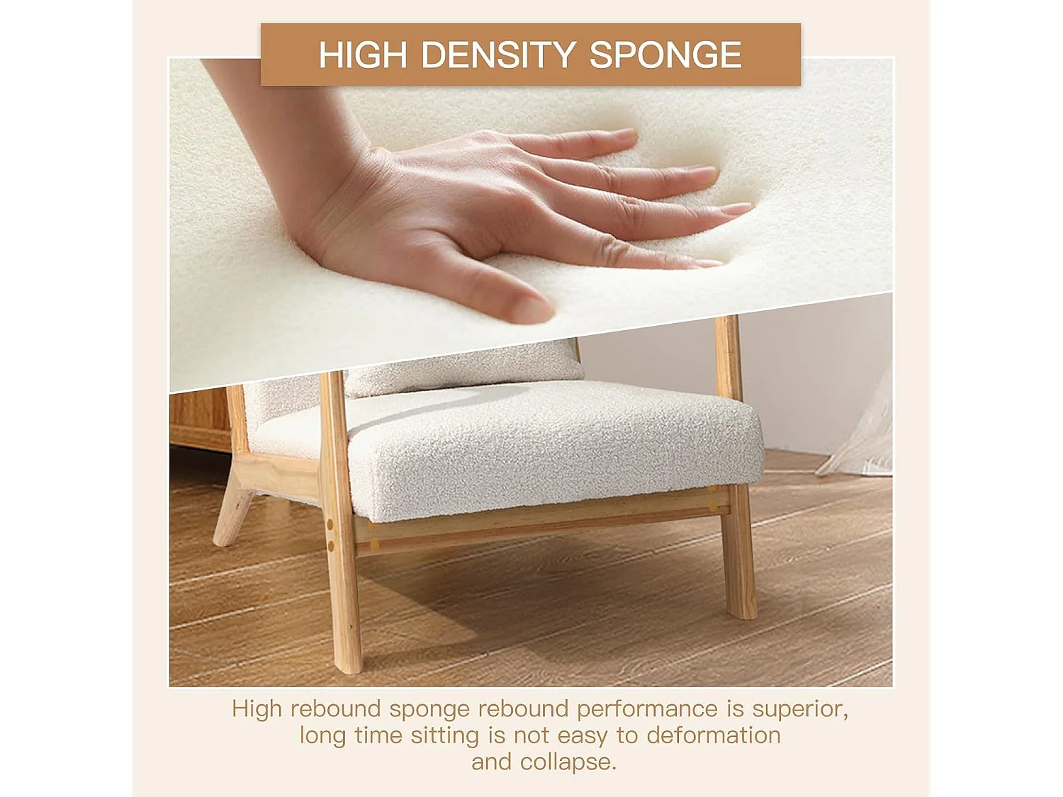 YODOLLA Loungesessel modern mit Teddy Bezug & Holzarmlehne, Akzent-/Cocktailsessel für Wohnzimmer, Beige, 75x70x65 cm (BxHxT)