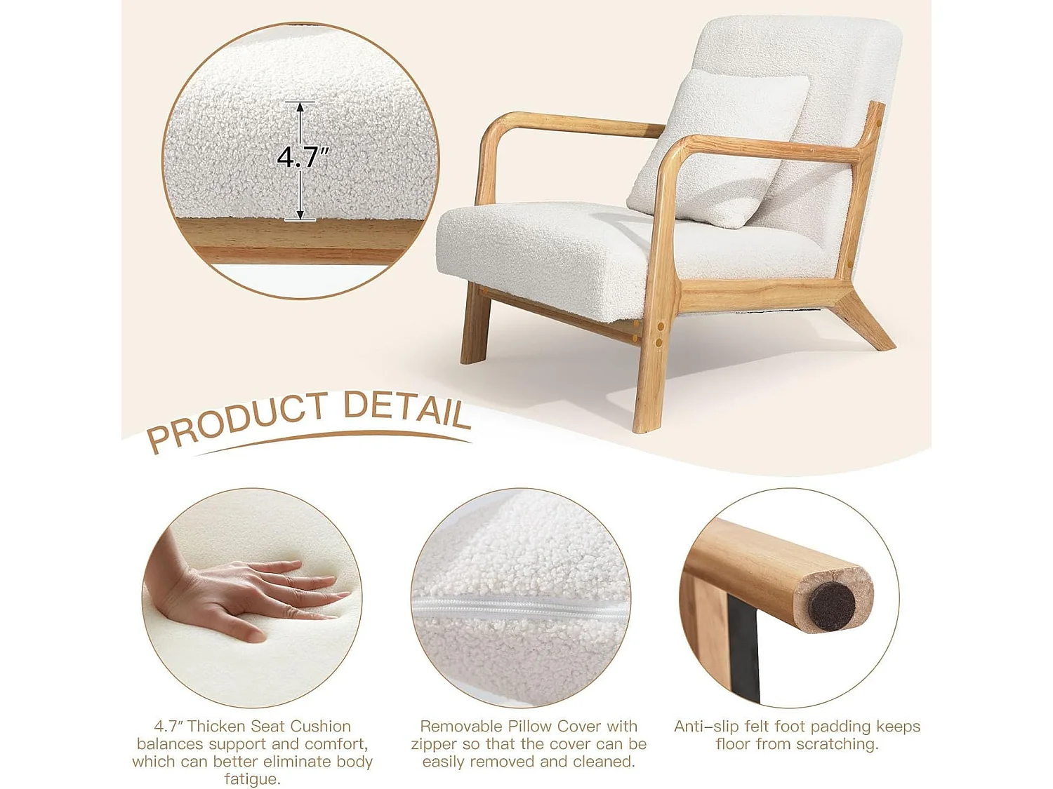 YODOLLA Loungesessel modern mit Teddy Bezug & Holzarmlehne, Akzent-/Cocktailsessel für Wohnzimmer, Beige, 75x70x65 cm (BxHxT)