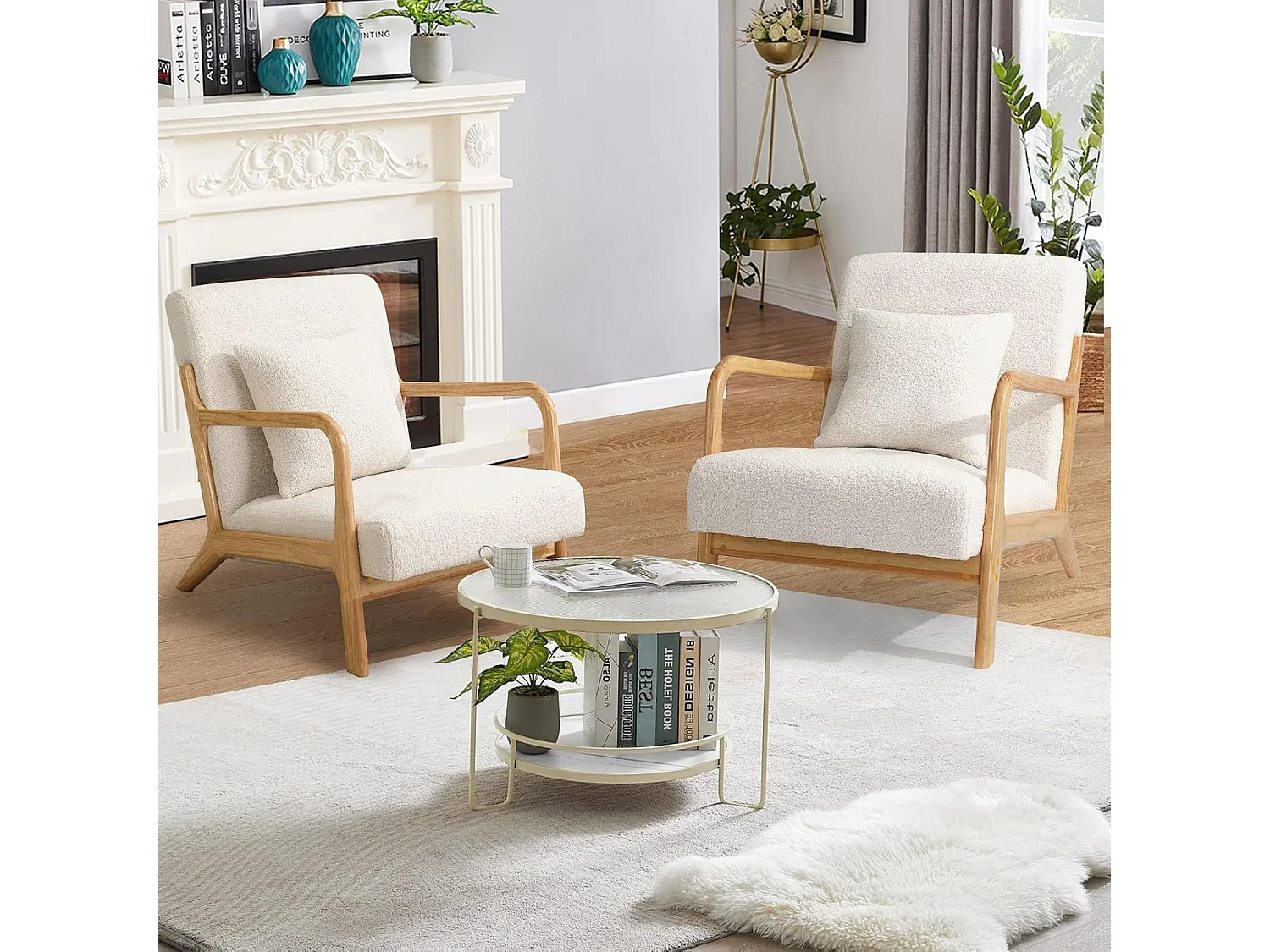 YODOLLA Loungesessel modern mit Teddy Bezug & Holzarmlehne, Akzent-/Cocktailsessel für Wohnzimmer, Beige, 75x70x65 cm (BxHxT)