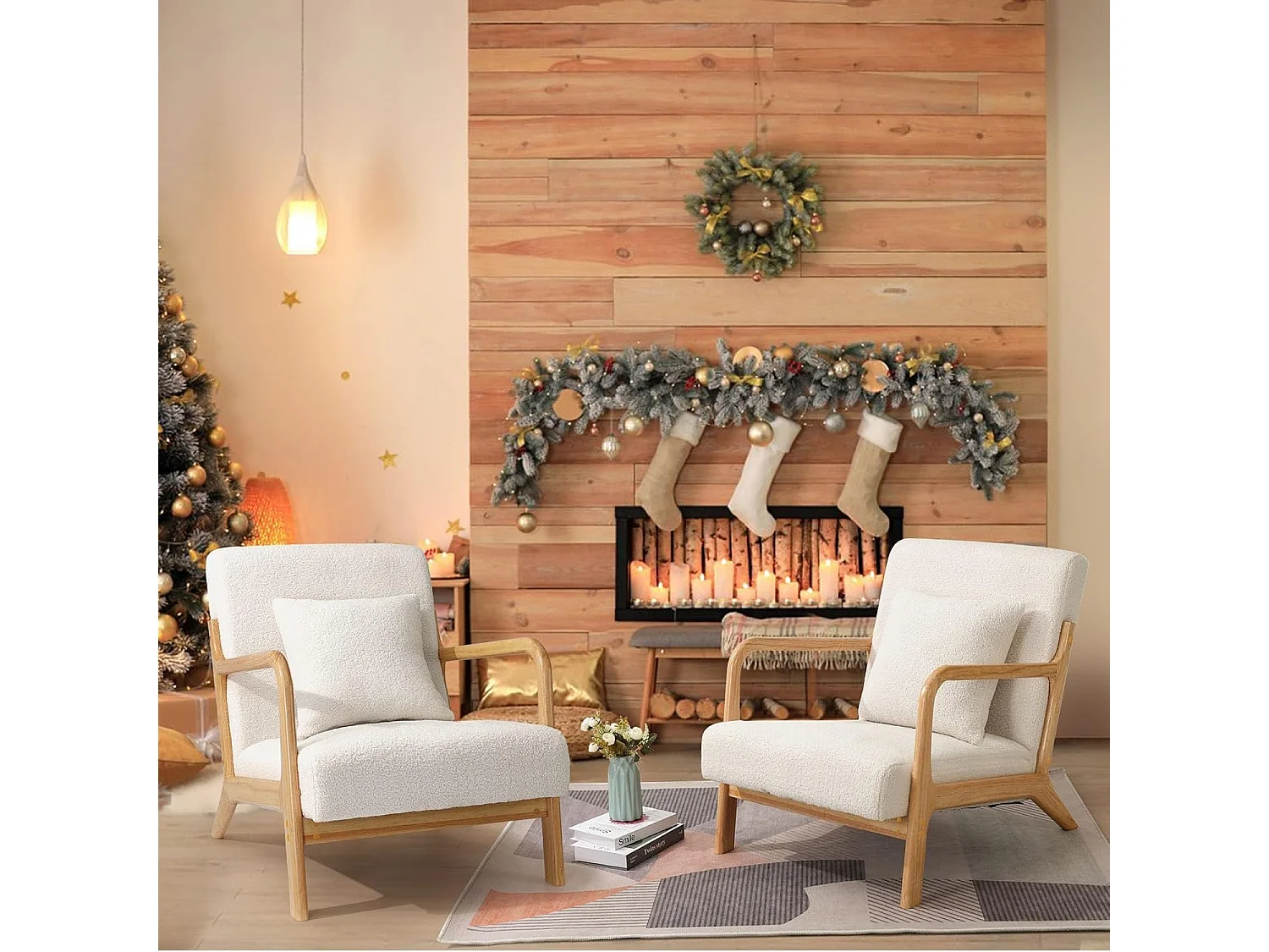 YODOLLA Loungesessel modern mit Teddy Bezug & Holzarmlehne, Akzent-/Cocktailsessel für Wohnzimmer, Beige, 75x70x65 cm (BxHxT)