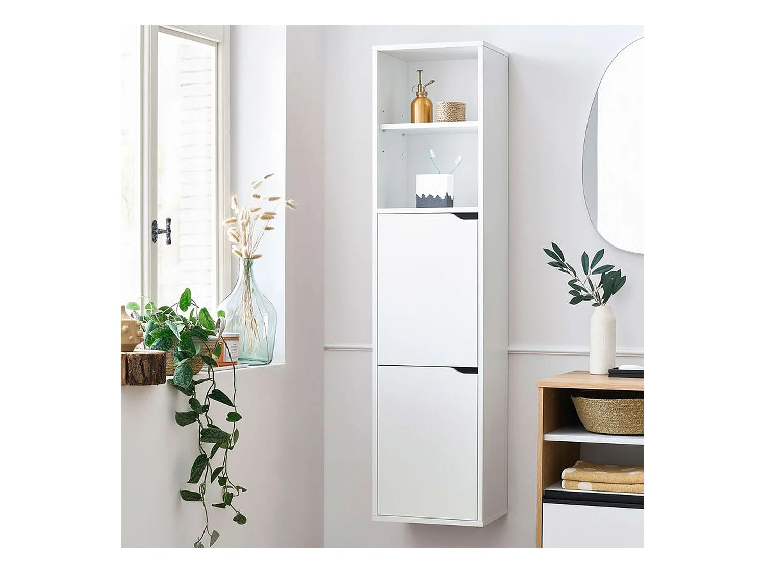 Colonne de salle de bain suspendue Nadia Or/Chêne blanc 150x37x30 cm