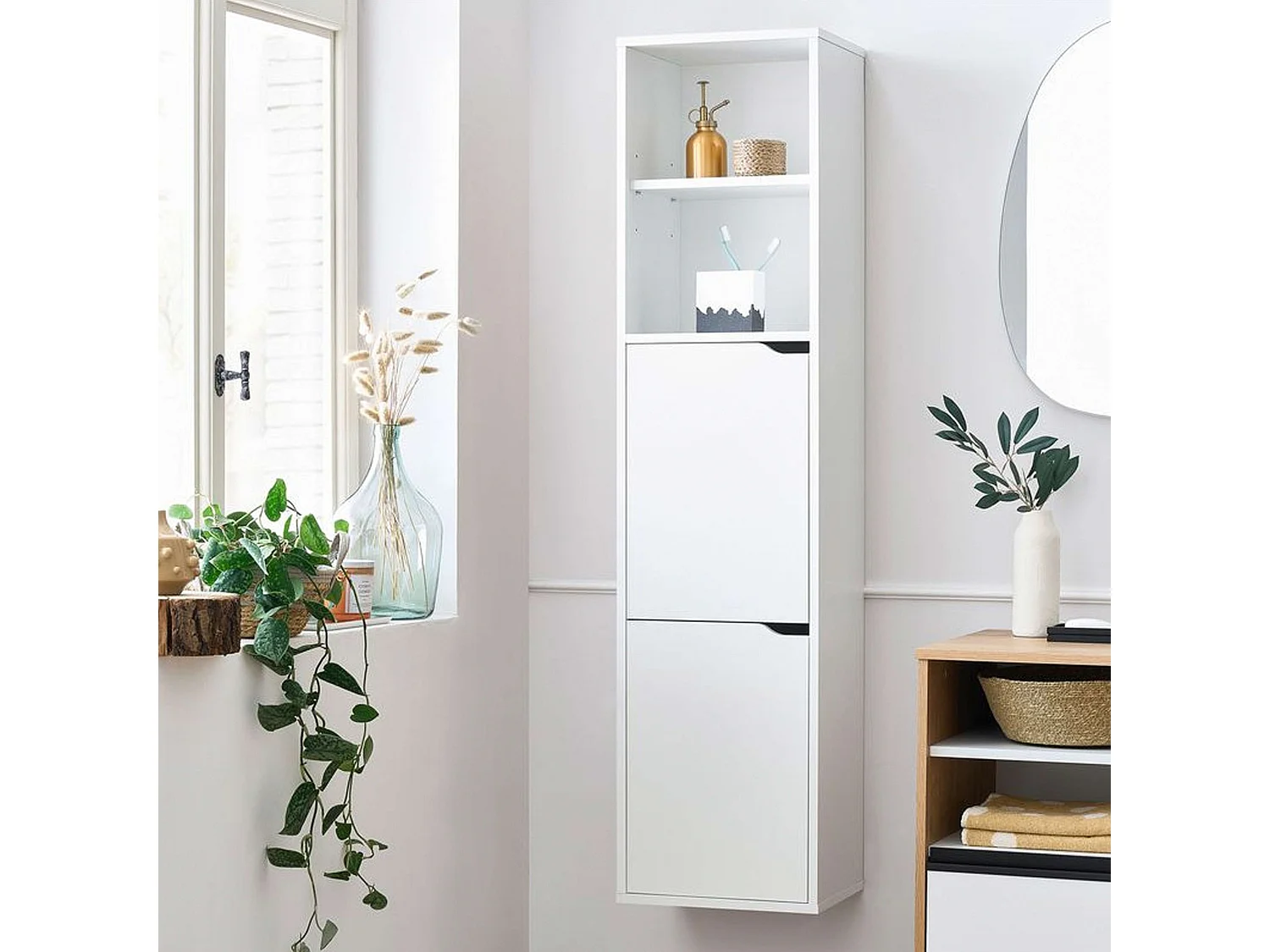 Colonne de salle de bain suspendue Nadia Or/Chêne blanc 150x37x30 cm