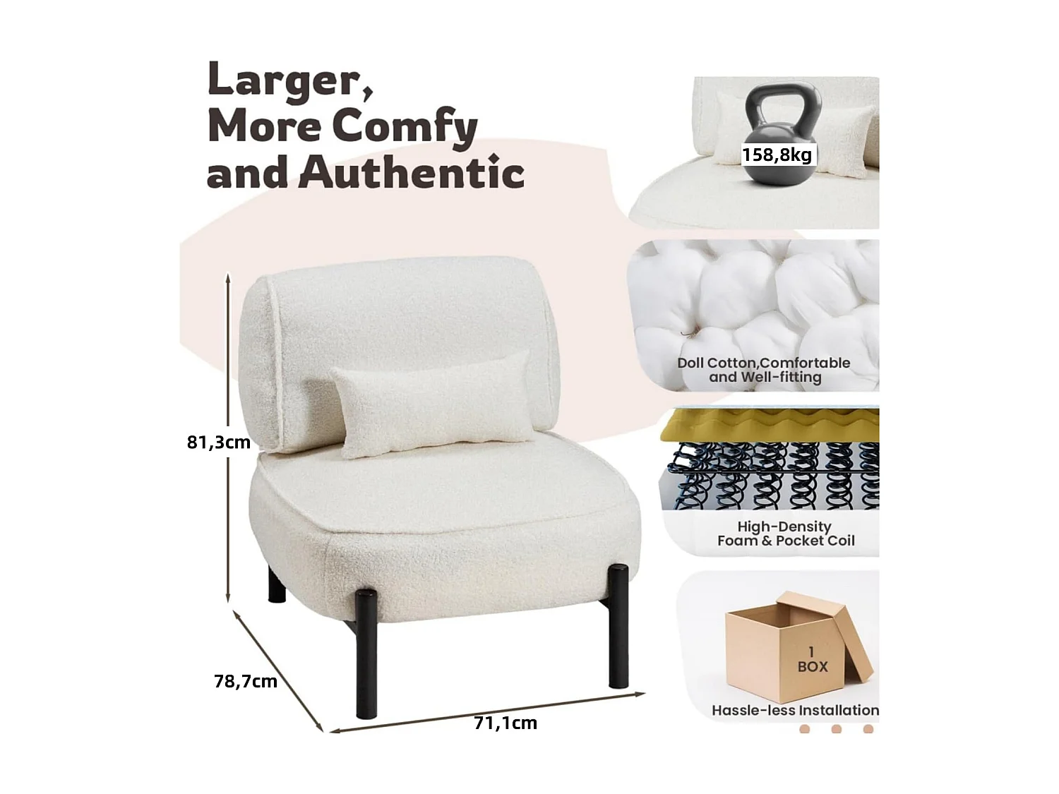 YODOLLA Loungesessel, Extra großer Ruhesessel mit Teddy-Oberfläche, gepolstert mit Kissen, stabiler Metallrahmen, bequem für Wohnzimmer und Schlafzimmer, Weiß