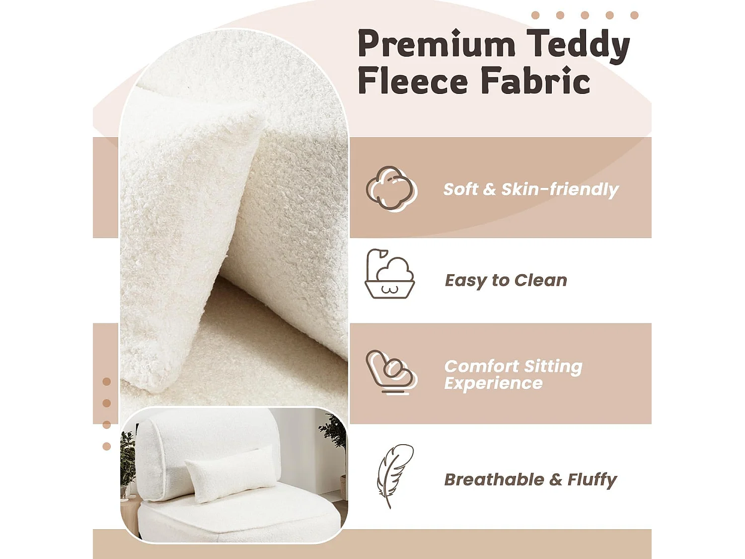 YODOLLA Loungesessel, Extra großer Ruhesessel mit Teddy-Oberfläche, gepolstert mit Kissen, stabiler Metallrahmen, bequem für Wohnzimmer und Schlafzimmer, Weiß