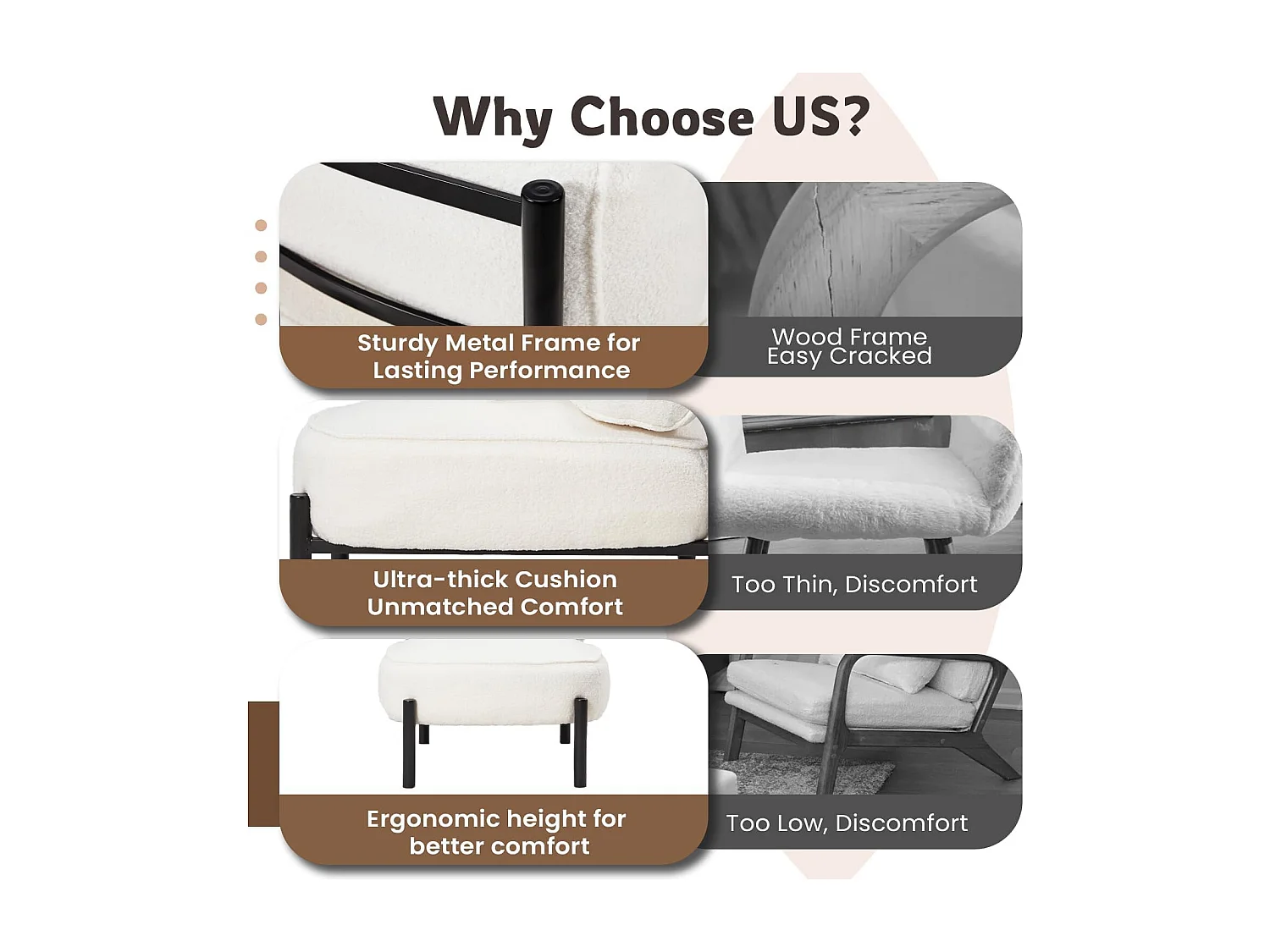 YODOLLA Loungesessel, Extra großer Ruhesessel mit Teddy-Oberfläche, gepolstert mit Kissen, stabiler Metallrahmen, bequem für Wohnzimmer und Schlafzimmer, Weiß