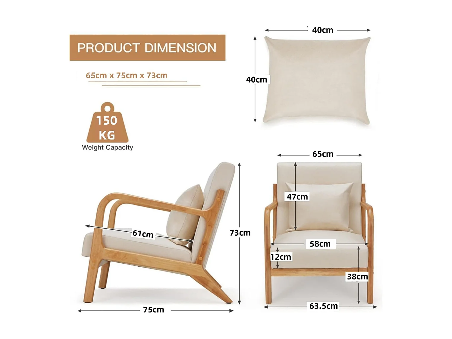 YODOLLA Loungesessel modern mit Holzarmlehne, Akzent-/Cocktailsessel für Wohnzimmer, Beige, 75x70x65 cm (BxHxT)