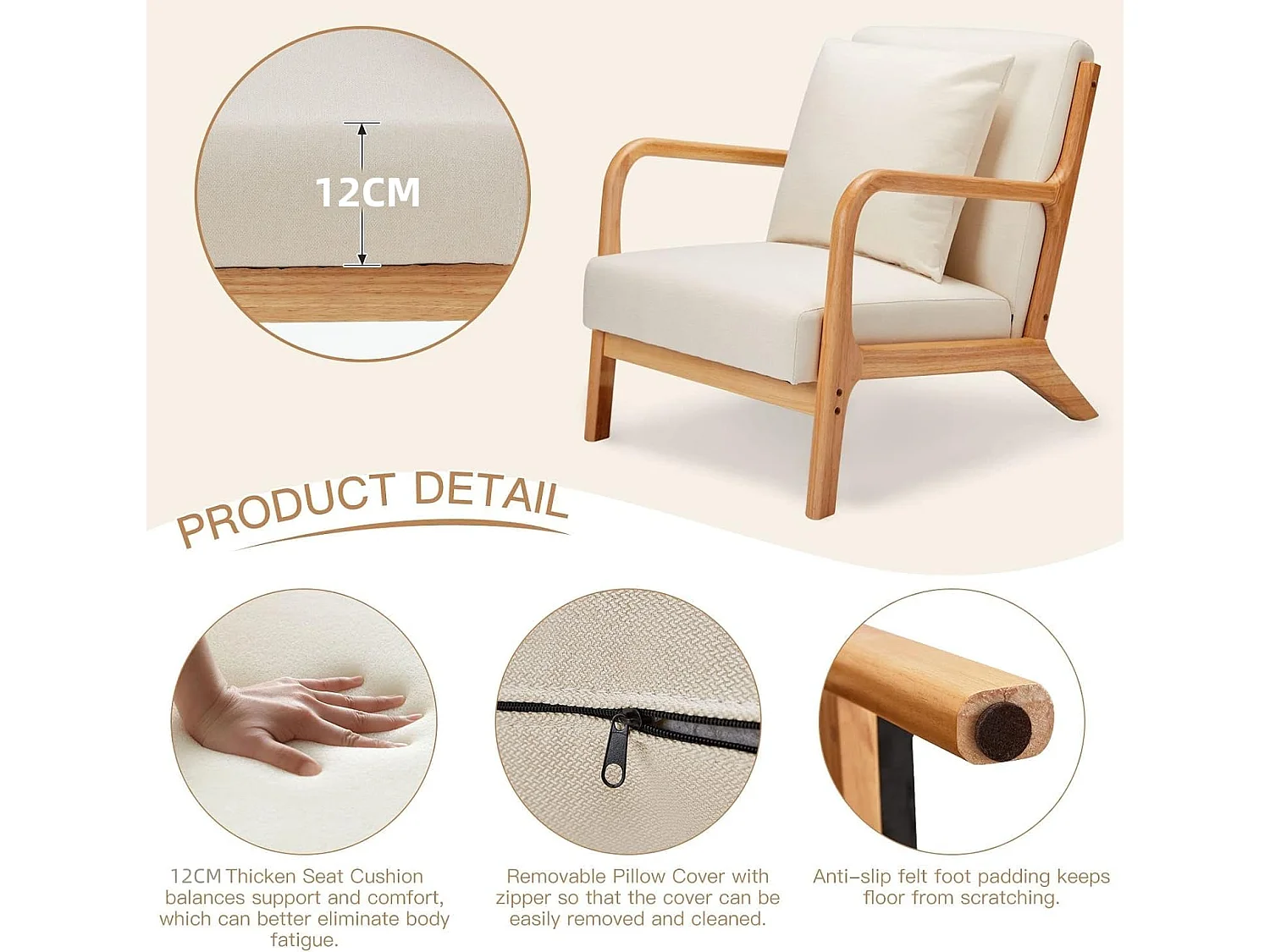 YODOLLA Loungesessel modern mit Holzarmlehne, Akzent-/Cocktailsessel für Wohnzimmer, Beige, 75x70x65 cm (BxHxT)