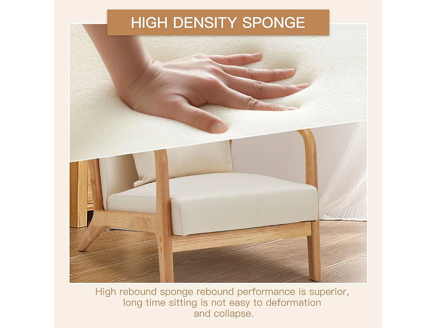 YODOLLA Loungesessel modern mit Holzarmlehne, Akzent-/Cocktailsessel für Wohnzimmer, Beige, 75x70x65 cm (BxHxT)