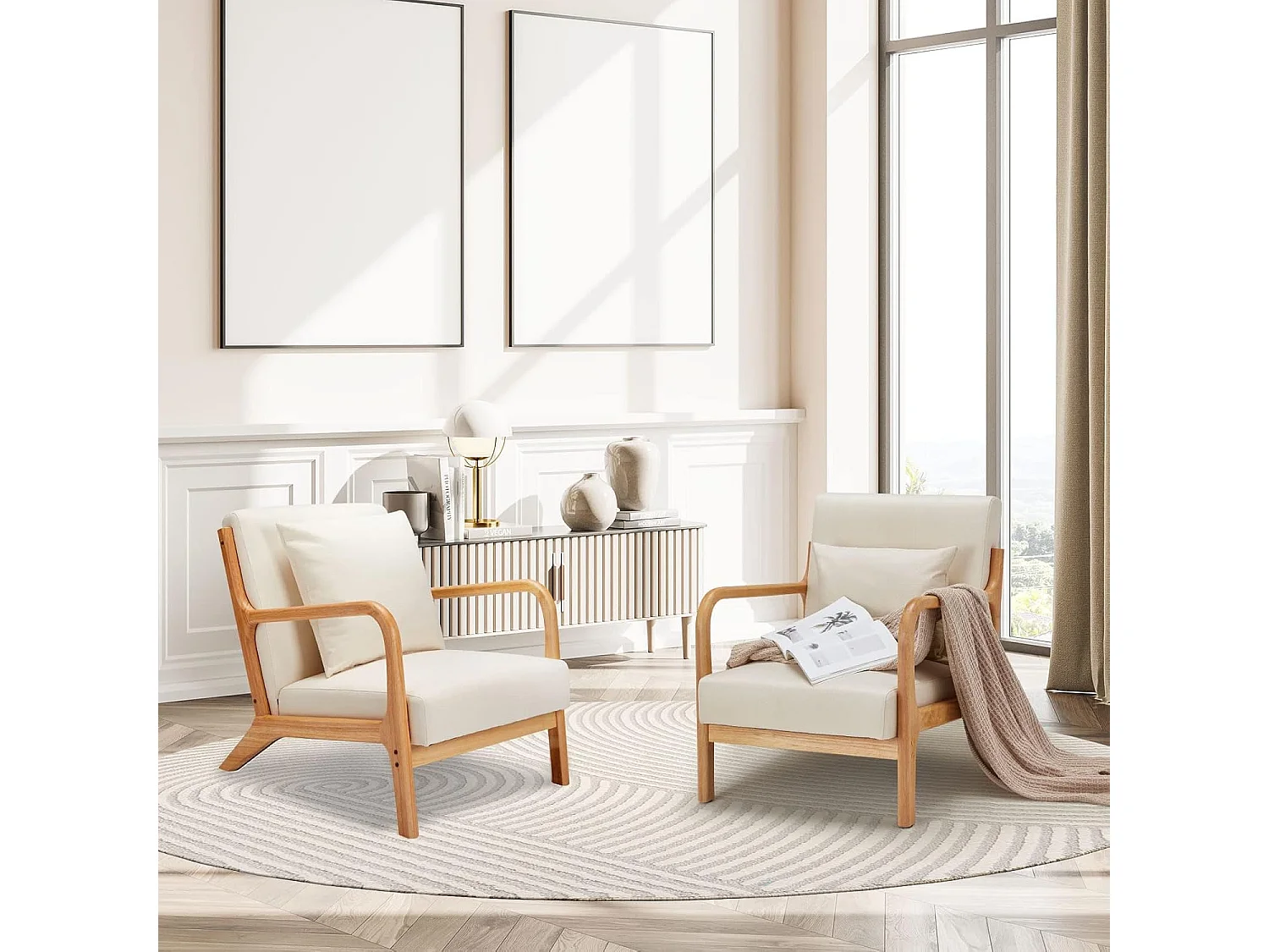 YODOLLA Loungesessel modern mit Holzarmlehne, Akzent-/Cocktailsessel für Wohnzimmer, Beige, 75x70x65 cm (BxHxT)