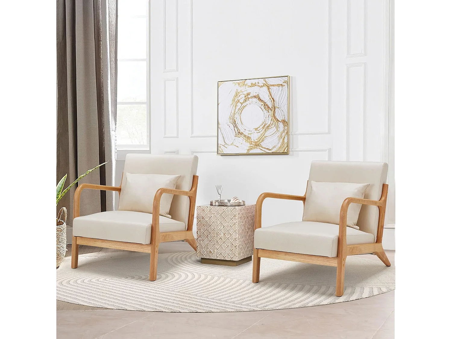 YODOLLA Loungesessel modern mit Holzarmlehne, Akzent-/Cocktailsessel für Wohnzimmer, Beige, 75x70x65 cm (BxHxT)