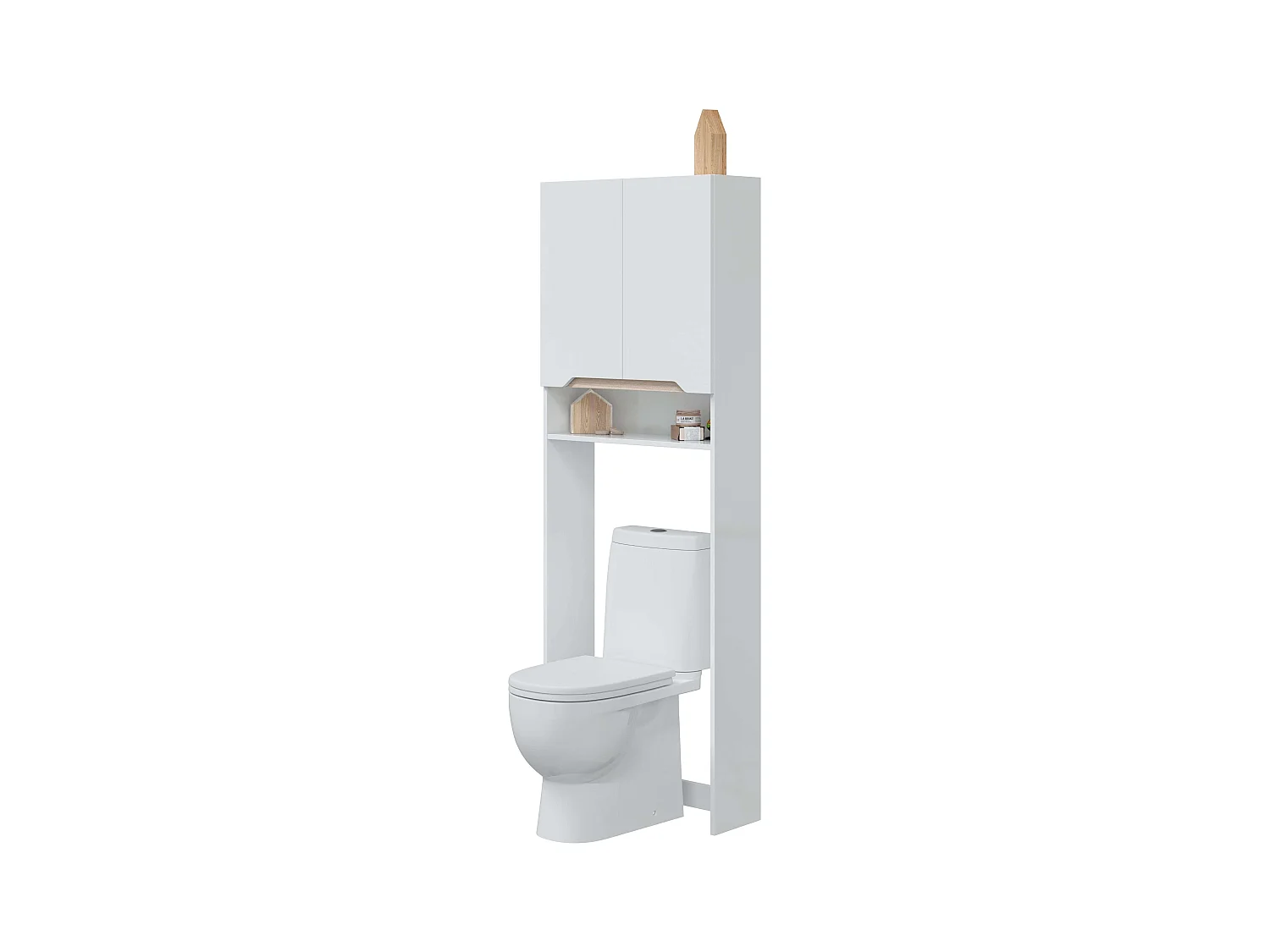 Colonne de salle de bain courbée avec 2 portes et 3 étagères, niche pour WC, chêne brillant