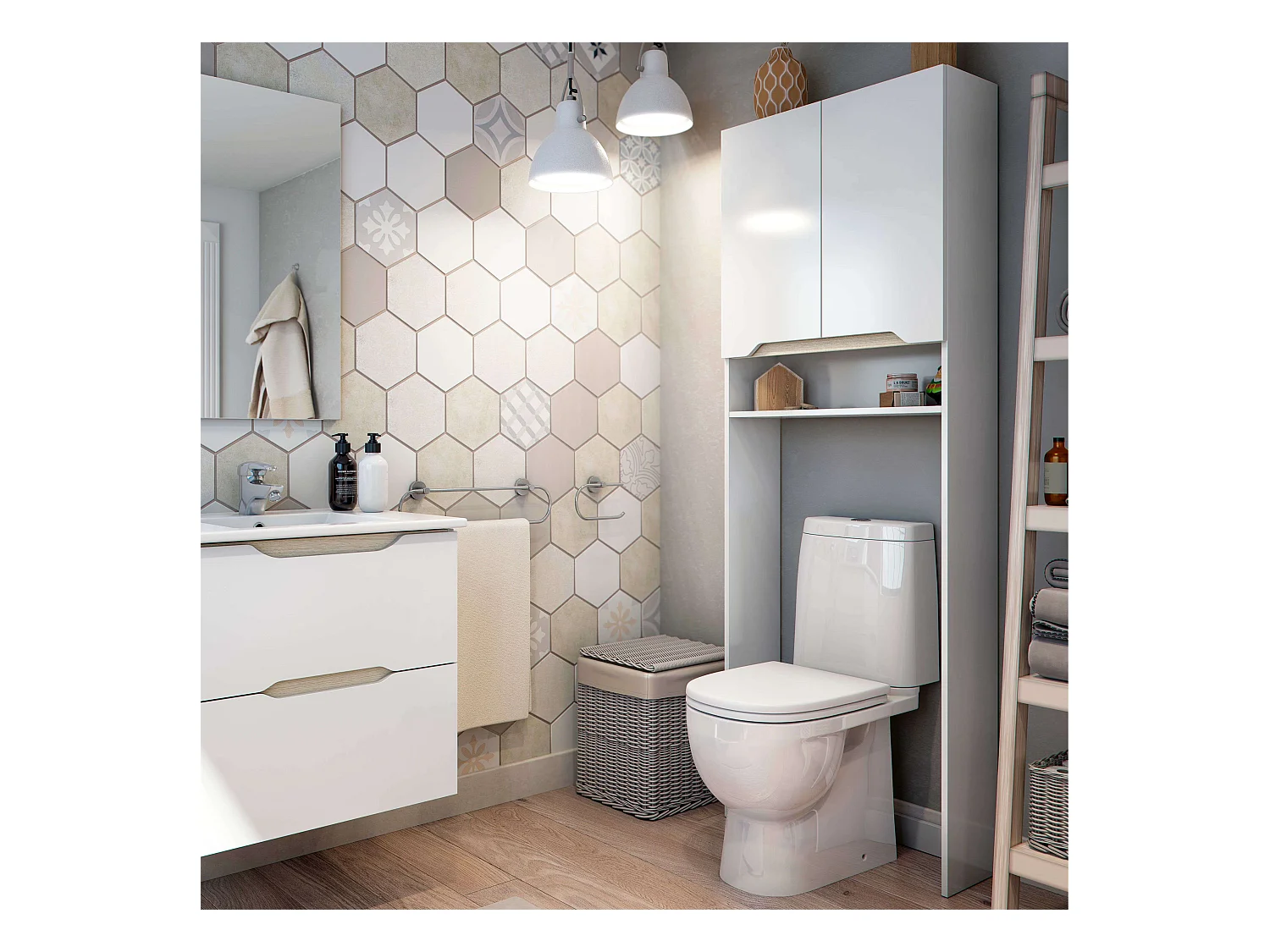 Colonne de salle de bain courbée avec 2 portes et 3 étagères, niche pour WC, chêne brillant