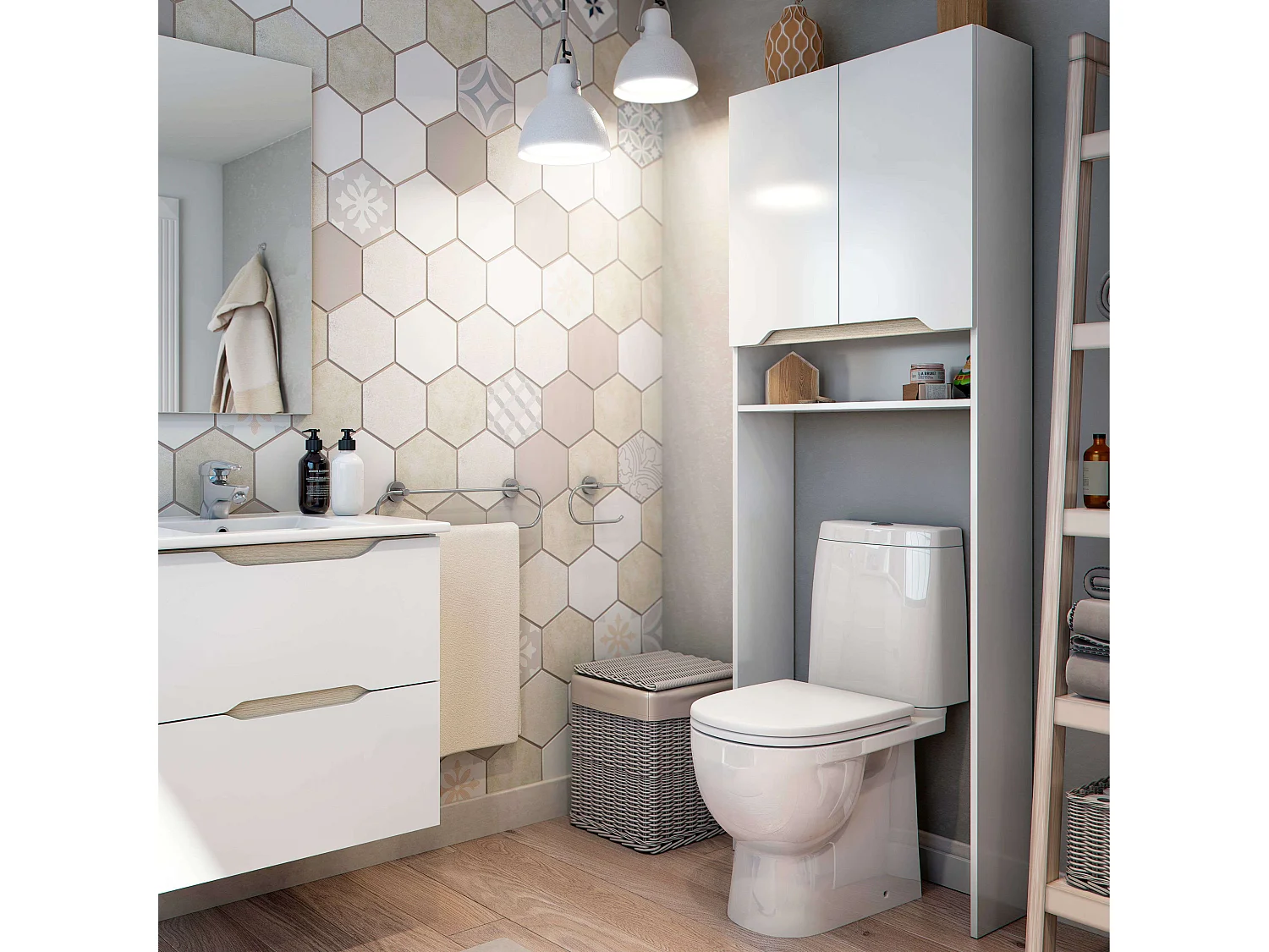 Coluna de banheiro curva com 2 portas e 3 prateleiras, nicho para vaso sanitário, carvalho brilhante