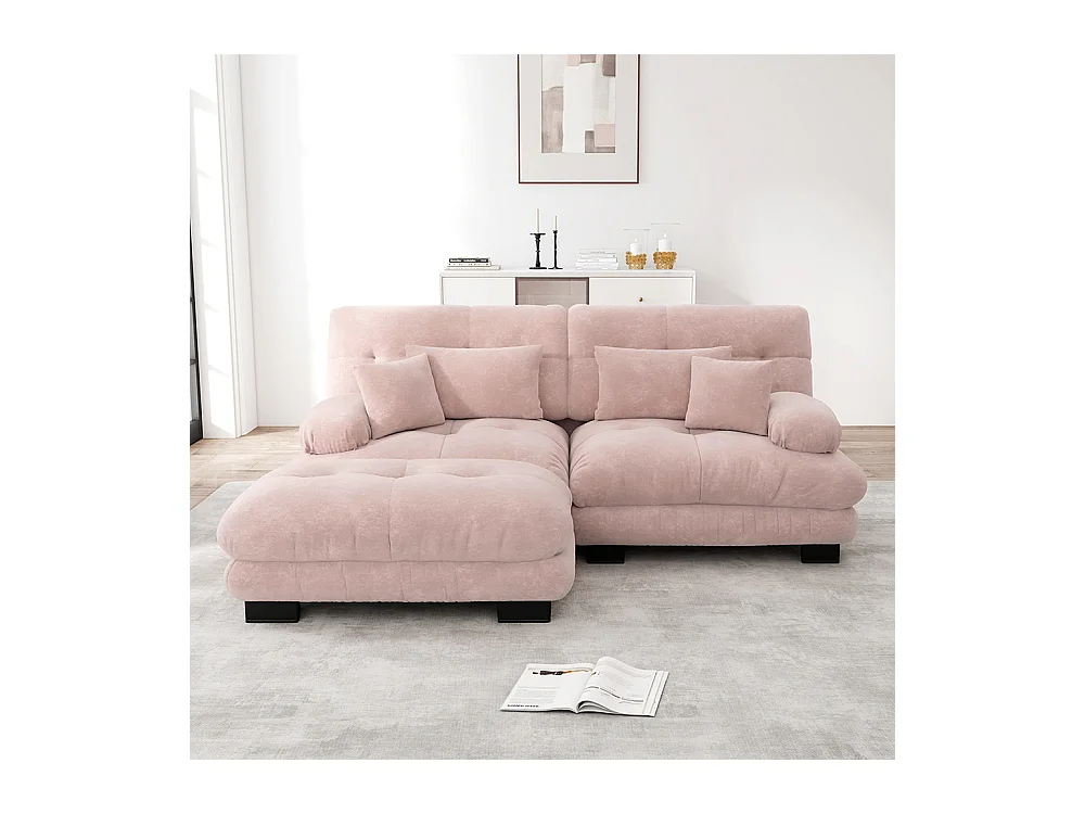 Canapé d'angle Cloud, chenille, deux places, avec 2 coussins lombaires et 2 coussins décoratifs, accoudoirs larges et repose-pieds, rose