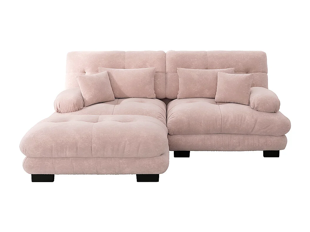 Divano angolare Cloud, ciniglia, due posti, con 2 cuscini lombari e 2 cuscini decorativi, braccioli larghi e poggiapiedi, rosa