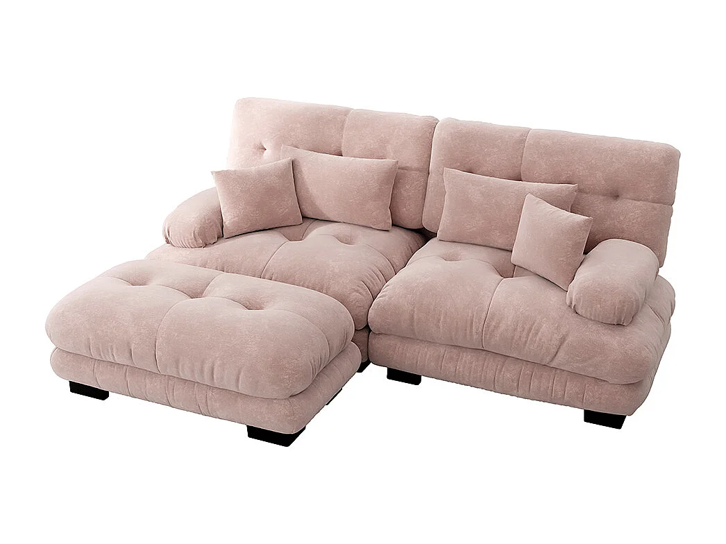 Divano angolare Cloud, ciniglia, due posti, con 2 cuscini lombari e 2 cuscini decorativi, braccioli larghi e poggiapiedi, rosa