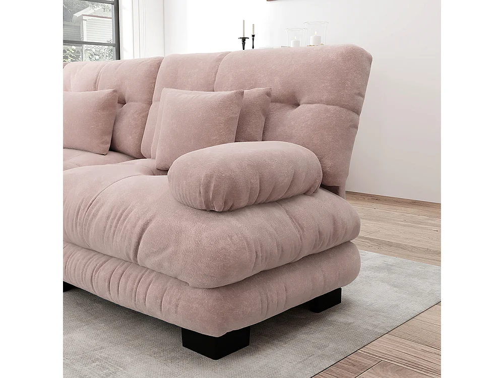 Divano angolare Cloud, ciniglia, due posti, con 2 cuscini lombari e 2 cuscini decorativi, braccioli larghi e poggiapiedi, rosa