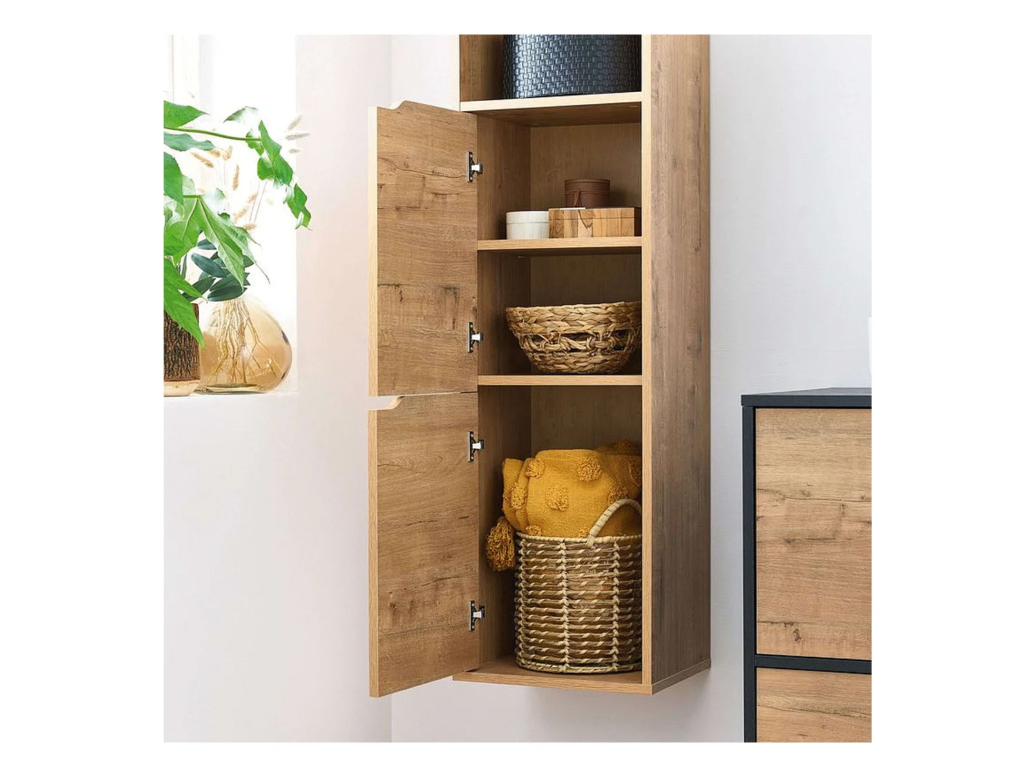 Colonne de salle de bain suspendue Nadia en chêne doré/blanc avec 2 tiroirs et 2 armoires