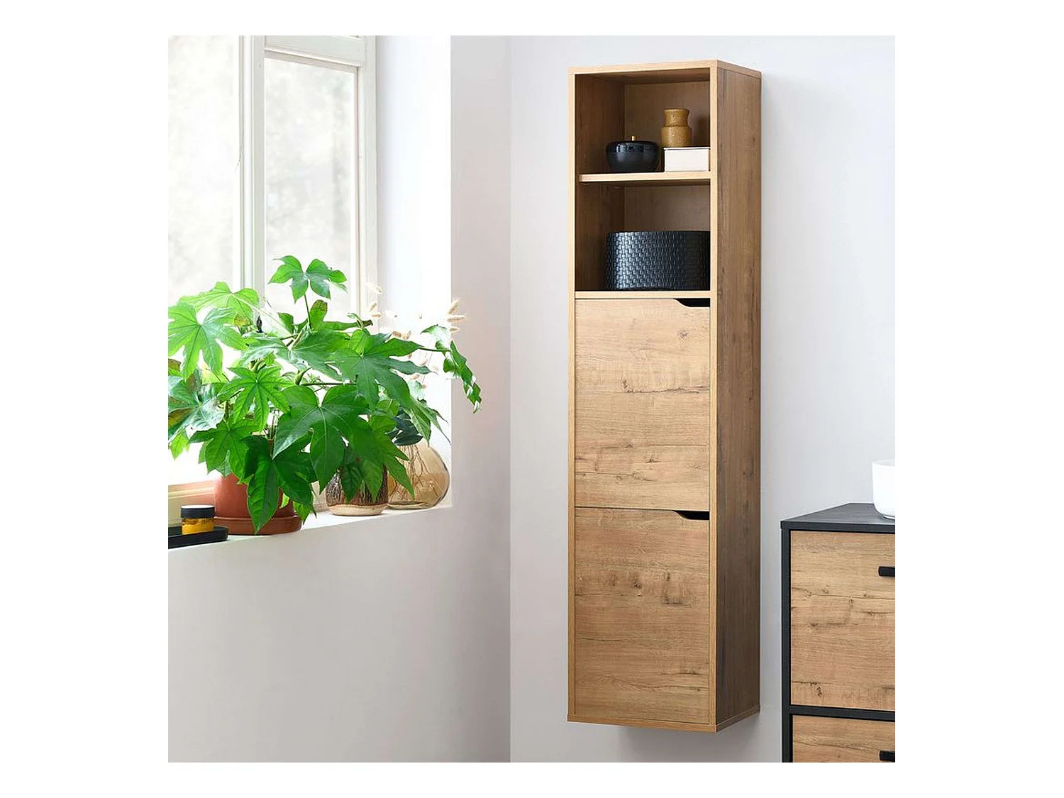 Colonne de salle de bain suspendue Nadia en chêne doré/blanc avec 2 tiroirs et 2 armoires