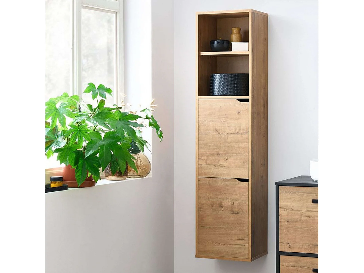 Colonne de salle de bain suspendue Nadia en chêne doré/blanc avec 2 tiroirs et 2 armoires