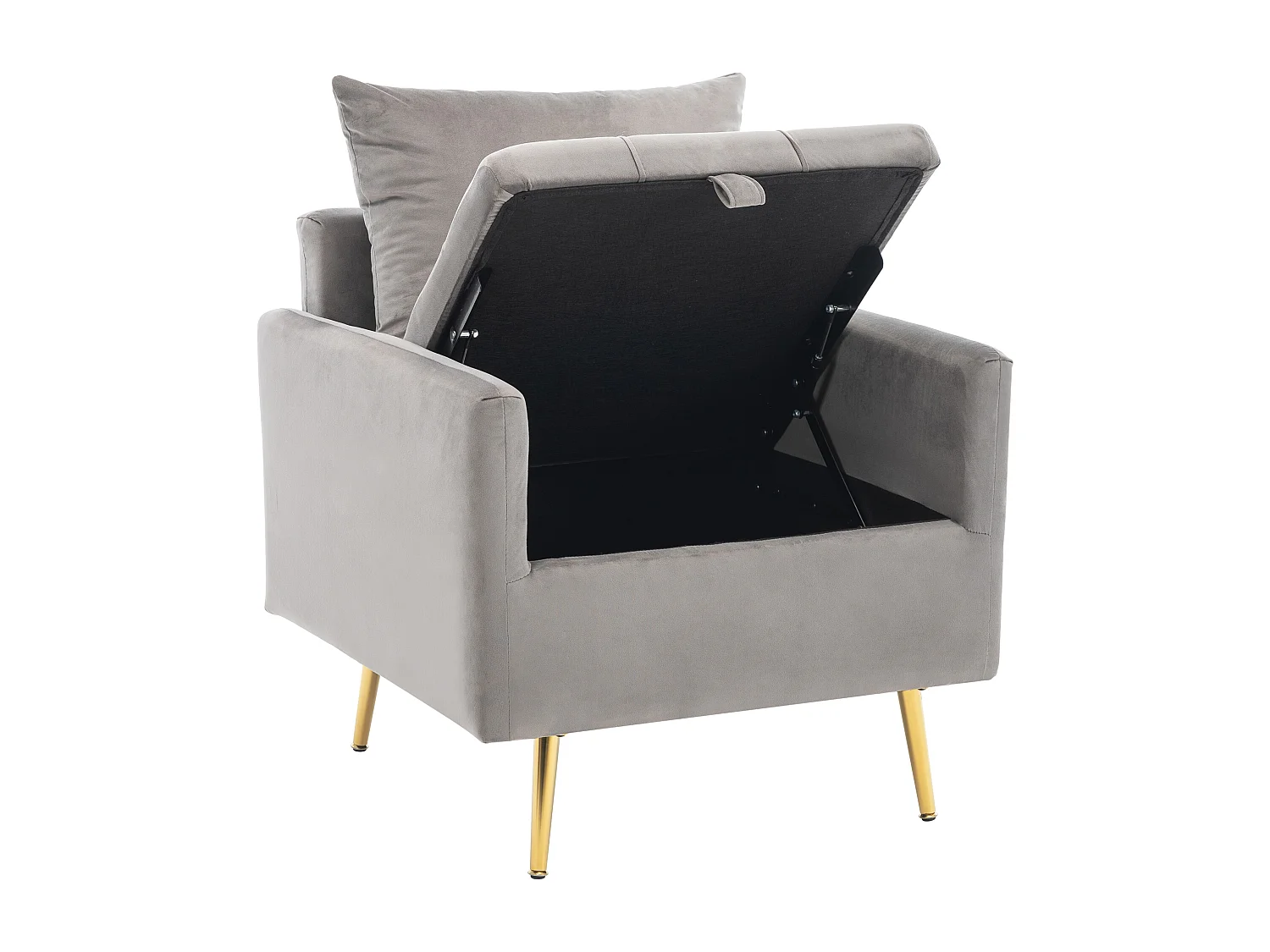 Poltrona com compartimento de arrumação, almofadas decorativas, apoios de braços, pés em metal dourado, cinza