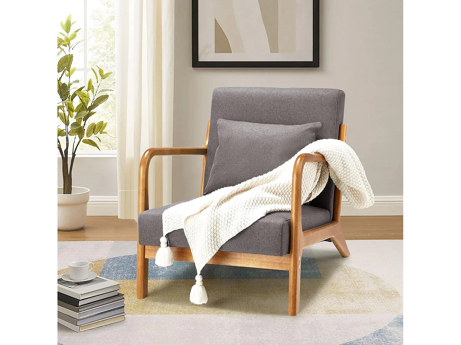 YODOLLA Loungesessel modern mit Holzarmlehne, Akzent-/Cocktailsessel für Wohnzimmer, Dunkelgrau, 75x70x65 cm (BxHxT)