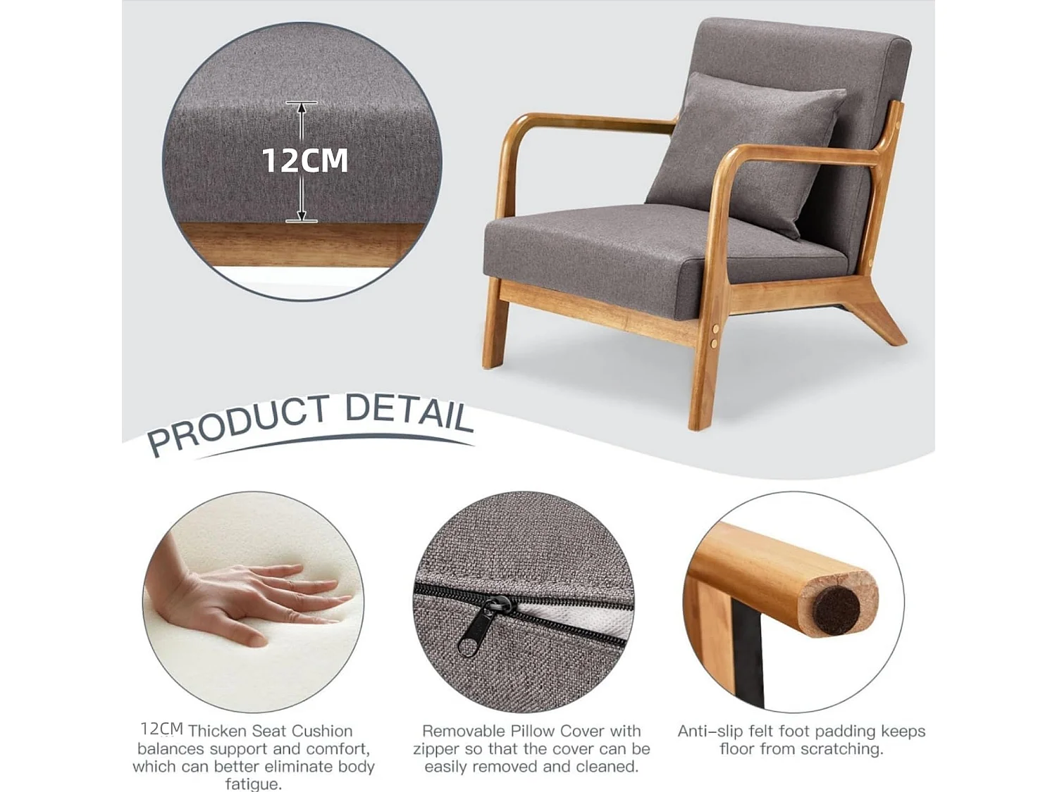 YODOLLA Loungesessel modern mit Holzarmlehne, Akzent-/Cocktailsessel für Wohnzimmer, Dunkelgrau, 75x70x65 cm (BxHxT)