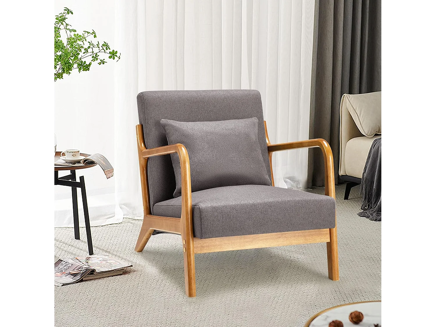 YODOLLA Loungesessel modern mit Holzarmlehne, Akzent-/Cocktailsessel für Wohnzimmer, Dunkelgrau, 75x70x65 cm (BxHxT)