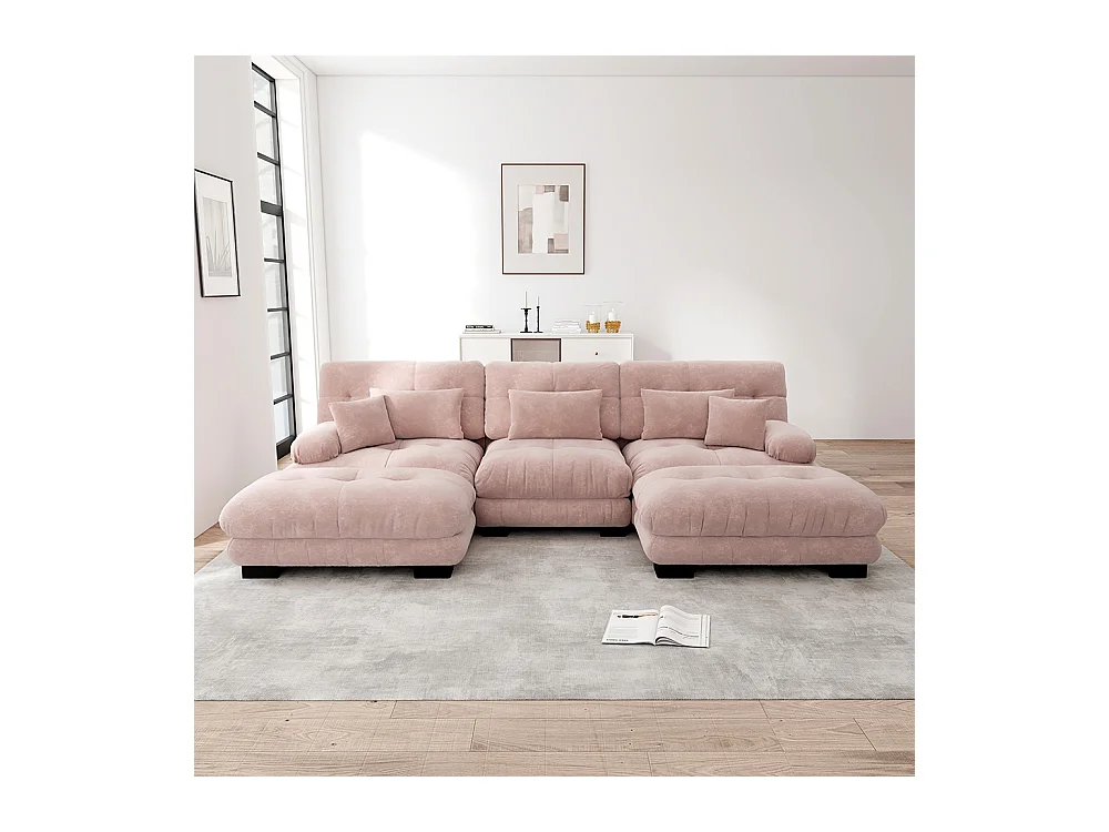 Canapé nuage extra-large en forme de U, canapé-lit convertible avec repose-pieds, chenille, rose