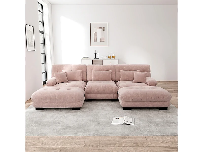 Canapé nuage extra-large en forme de U, canapé-lit convertible avec repose-pieds, chenille, rose