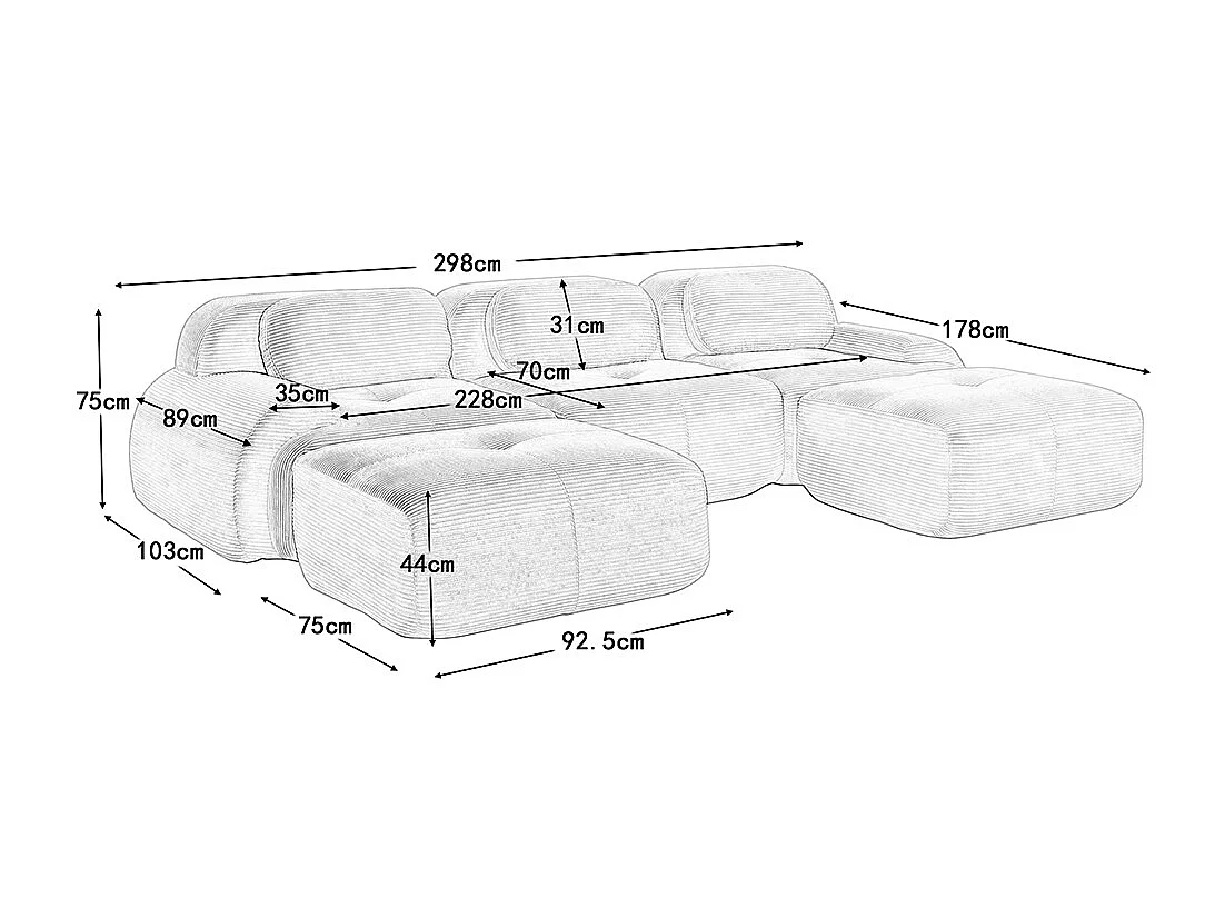 Modulaire U-vormige bank, corduroy, extra brede armleuningen, zeer veerkrachtige 32D-vulling, beige.