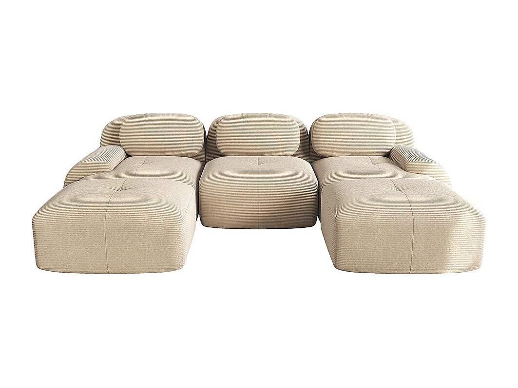 Canapé modulable en U, tissu velours côtelé, accoudoirs extra-larges, rembourrage haute résilience 32D, beige.