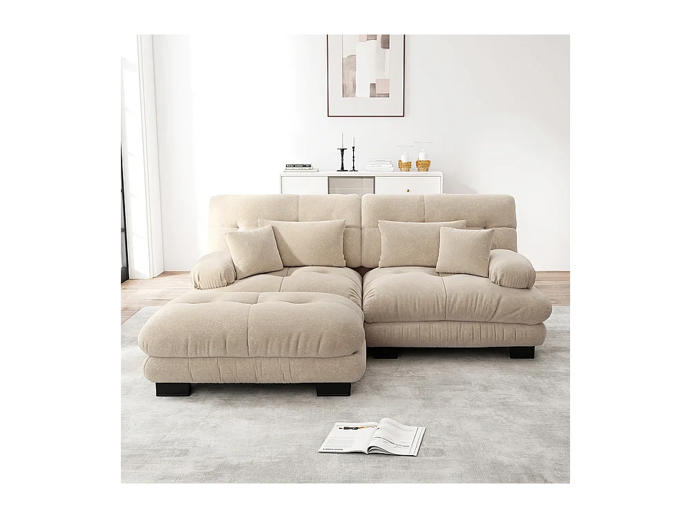Canapé d'angle Cloud, chenille, deux places, avec 2 coussins lombaires et 2 coussins décoratifs, accoudoirs larges et repose-pieds, beige