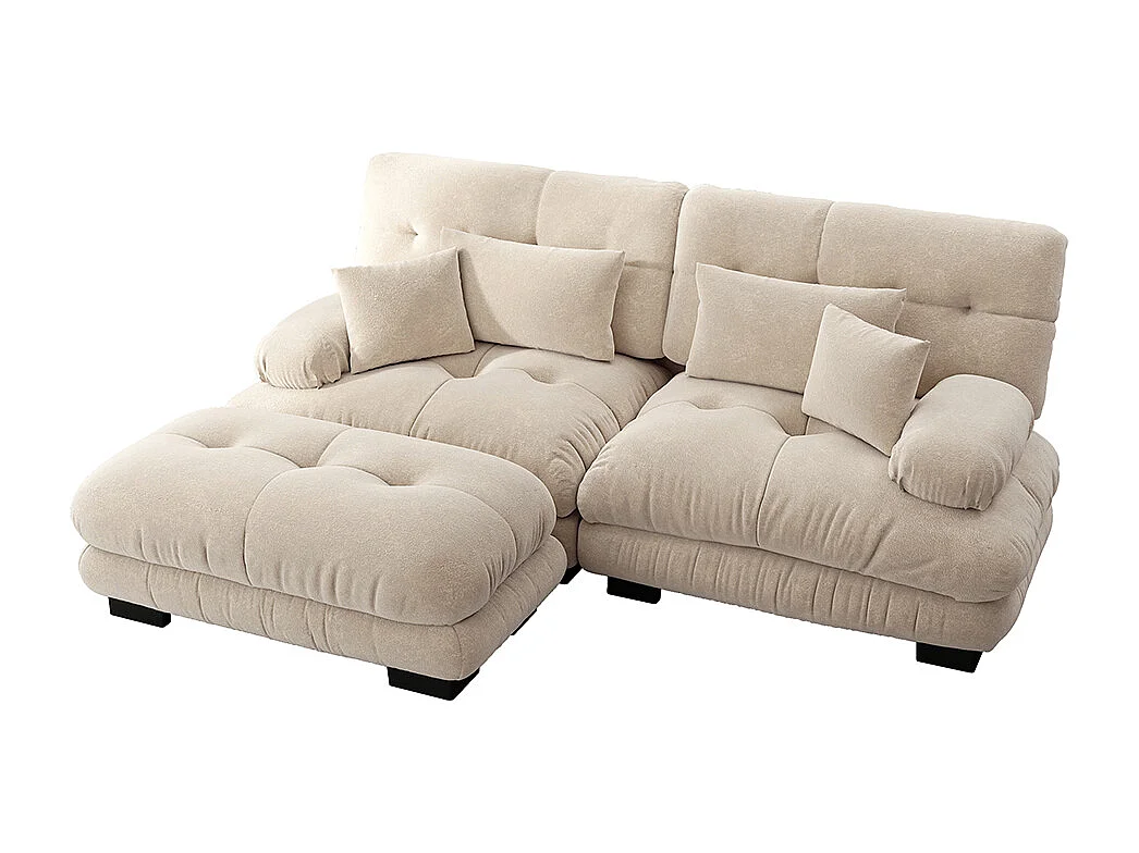 Canapé d'angle Cloud, chenille, deux places, avec 2 coussins lombaires et 2 coussins décoratifs, accoudoirs larges et repose-pieds, beige