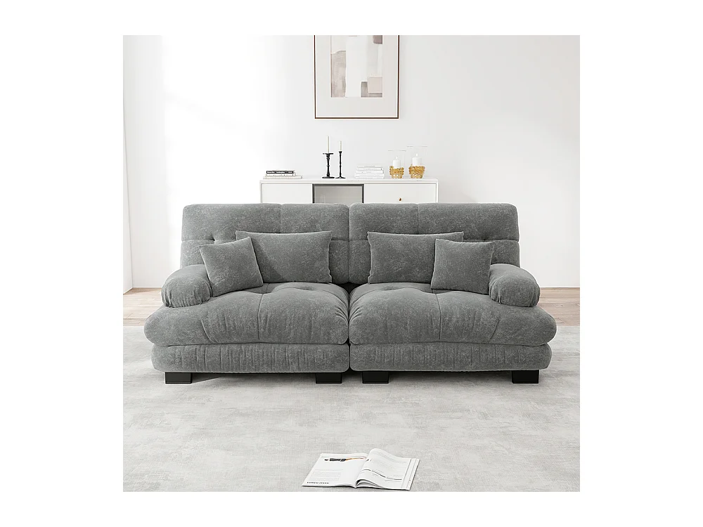 Canapé d'angle Cloud, chenille, avec 2 coussins lombaires et 2 coussins décoratifs, structure en bois massif, gris
