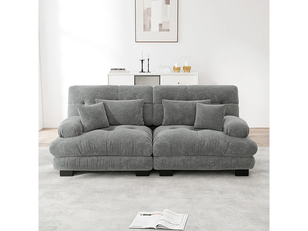 Divano angolare Cloud, ciniglia, con 2 cuscini lombari e 2 cuscini decorativi, struttura in legno massello, grigio