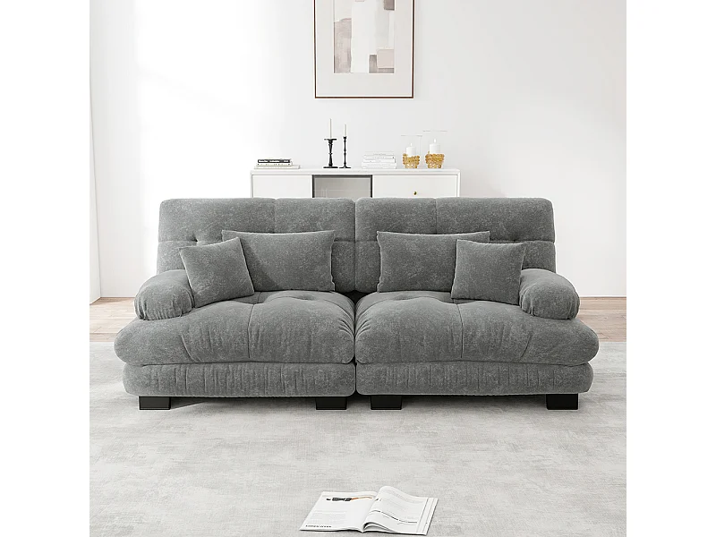 Divano angolare Cloud, ciniglia, con 2 cuscini lombari e 2 cuscini decorativi, struttura in legno massello, grigio