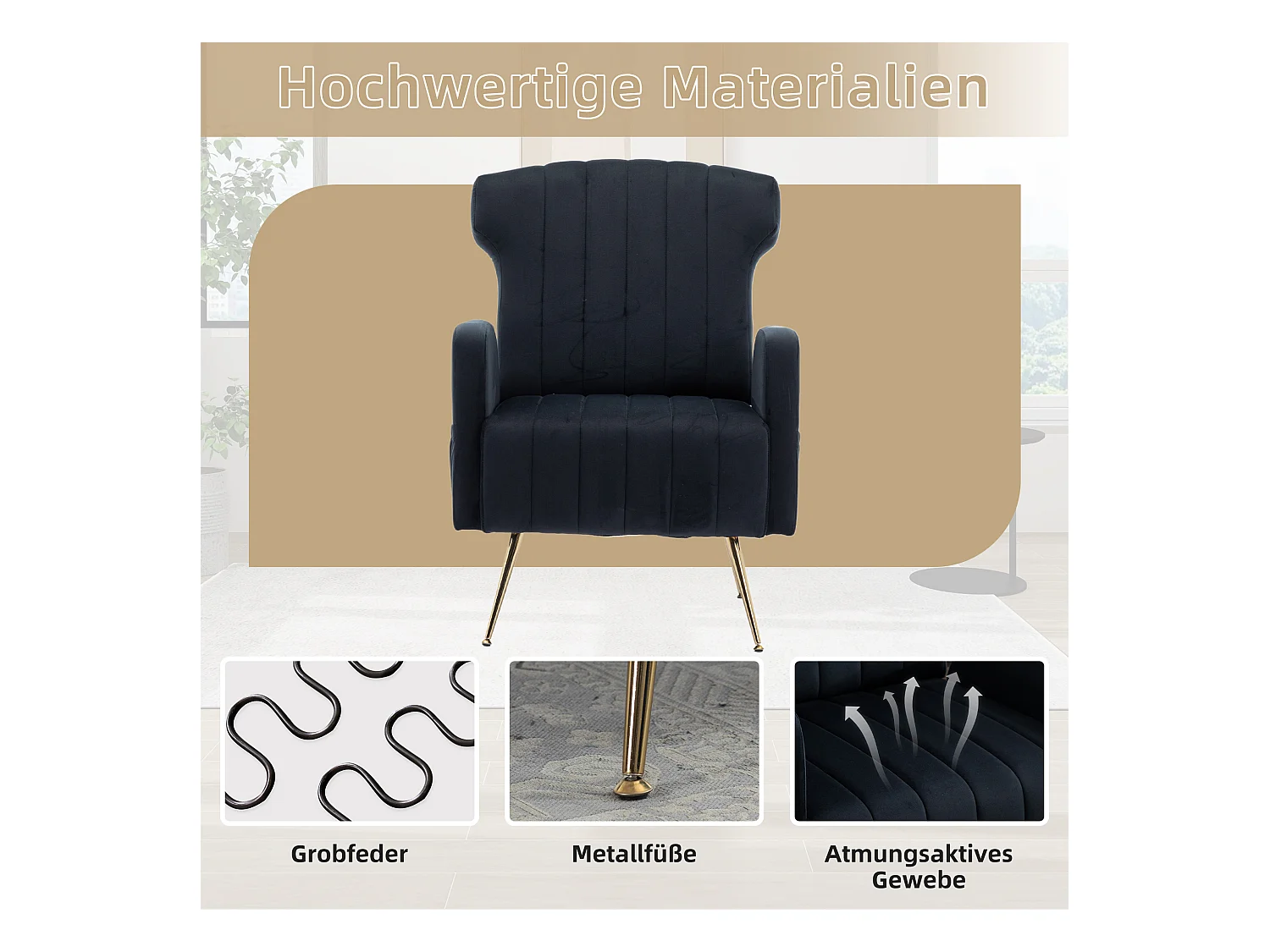 Fauteuil simple, fauteuil rembourré à oreilles en velours avec pieds métalliques dorés, noir